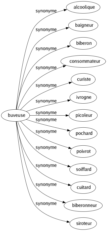 Synonyme de Buveuse : Alcoolique Baigneur Biberon Consommateur Curiste Ivrogne Picoleur Pochard Poivrot Soiffard Cuitard Biberonneur Siroteur 