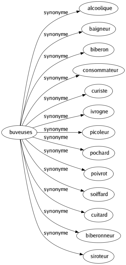 Synonyme de Buveuses : Alcoolique Baigneur Biberon Consommateur Curiste Ivrogne Picoleur Pochard Poivrot Soiffard Cuitard Biberonneur Siroteur 