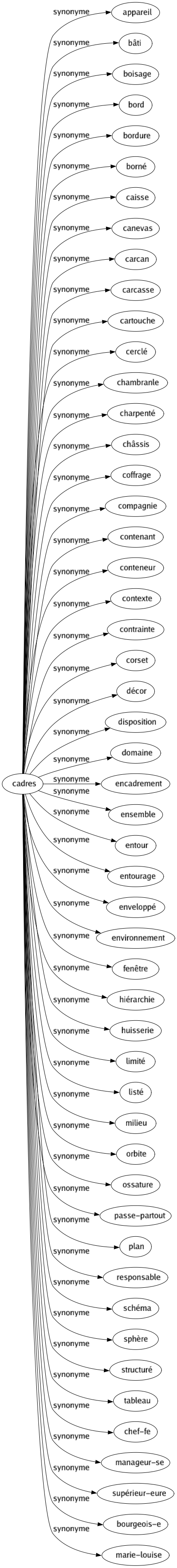 Synonyme de Cadres : Appareil Bâti Boisage Bord Bordure Borné Caisse Canevas Carcan Carcasse Cartouche Cerclé Chambranle Charpenté Châssis Coffrage Compagnie Contenant Conteneur Contexte Contrainte Corset Décor Disposition Domaine Encadrement Ensemble Entour Entourage Enveloppé Environnement Fenêtre Hiérarchie Huisserie Limité Listé Milieu Orbite Ossature Passe-partout Plan Responsable Schéma Sphère Structuré Tableau Chef-fe Manageur-se Supérieur-eure Bourgeois-e Marie-louise 