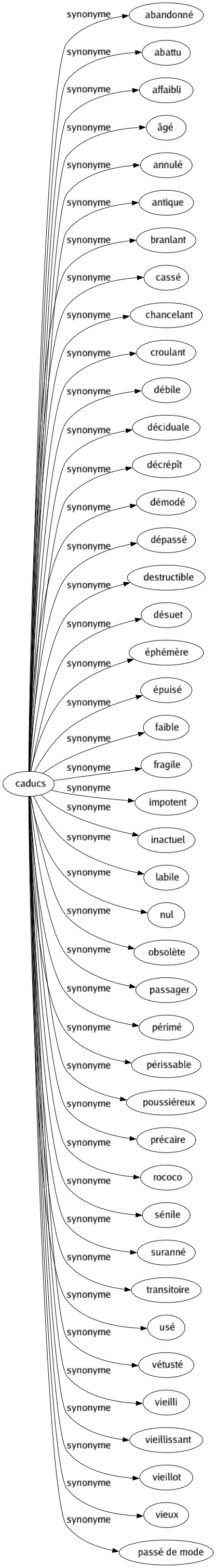 Synonyme de Caducs : Abandonné Abattu Affaibli Âgé Annulé Antique Branlant Cassé Chancelant Croulant Débile Déciduale Décrépît Démodé Dépassé Destructible Désuet Éphémère Épuisé Faible Fragile Impotent Inactuel Labile Nul Obsolète Passager Périmé Périssable Poussiéreux Précaire Rococo Sénile Suranné Transitoire Usé Vétusté Vieilli Vieillissant Vieillot Vieux Passé de mode 