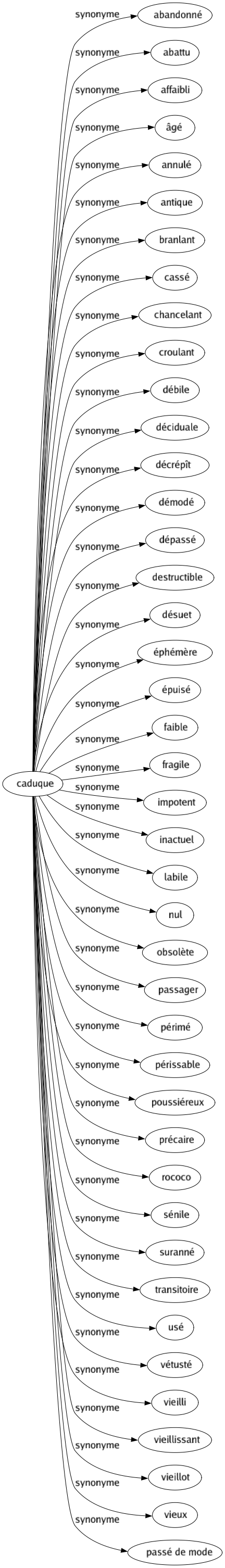 Synonyme de Caduque : Abandonné Abattu Affaibli Âgé Annulé Antique Branlant Cassé Chancelant Croulant Débile Déciduale Décrépît Démodé Dépassé Destructible Désuet Éphémère Épuisé Faible Fragile Impotent Inactuel Labile Nul Obsolète Passager Périmé Périssable Poussiéreux Précaire Rococo Sénile Suranné Transitoire Usé Vétusté Vieilli Vieillissant Vieillot Vieux Passé de mode 