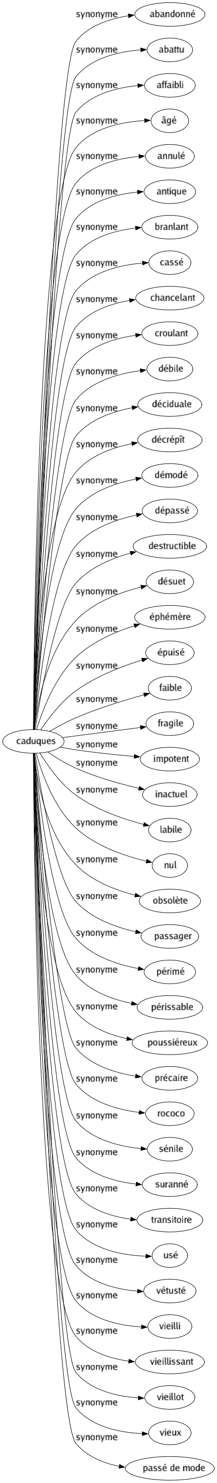 Synonyme de Caduques : Abandonné Abattu Affaibli Âgé Annulé Antique Branlant Cassé Chancelant Croulant Débile Déciduale Décrépît Démodé Dépassé Destructible Désuet Éphémère Épuisé Faible Fragile Impotent Inactuel Labile Nul Obsolète Passager Périmé Périssable Poussiéreux Précaire Rococo Sénile Suranné Transitoire Usé Vétusté Vieilli Vieillissant Vieillot Vieux Passé de mode 