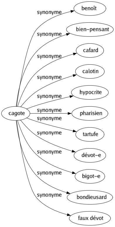 Synonyme de Cagote : Benoît Bien-pensant Cafard Calotin Hypocrite Pharisien Tartufe Dévot-e Bigot-e Bondieusard Faux dévot 