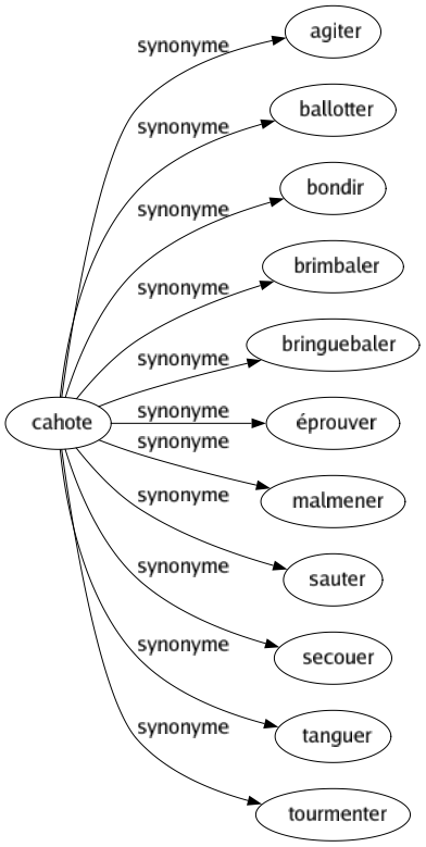 Synonyme de Cahote : Agiter Ballotter Bondir Brimbaler Bringuebaler Éprouver Malmener Sauter Secouer Tanguer Tourmenter 