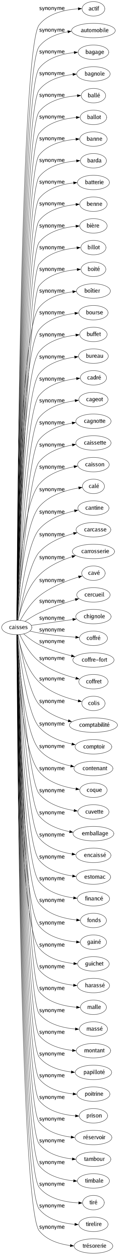 Synonyme de Caisses : Actif Automobile Bagage Bagnole Ballé Ballot Banne Barda Batterie Benne Bière Billot Boité Boîtier Bourse Buffet Bureau Cadré Cageot Cagnotte Caissette Caisson Calé Cantine Carcasse Carrosserie Cavé Cercueil Chignole Coffré Coffre-fort Coffret Colis Comptabilité Comptoir Contenant Coque Cuvette Emballage Encaissé Estomac Financé Fonds Gainé Guichet Harassé Malle Massé Montant Papilloté Poitrine Prison Réservoir Tambour Timbale Tiré Tirelire Trésorerie 