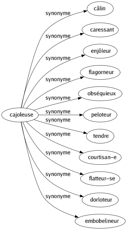 Synonyme de Cajoleuse : Câlin Caressant Enjôleur Flagorneur Obséquieux Peloteur Tendre Courtisan-e Flatteur-se Dorloteur Embobelineur 