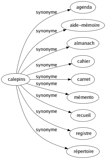 Synonyme de Calepins : Agenda Aide-mémoire Almanach Cahier Carnet Mémento Recueil Registre Répertoire 