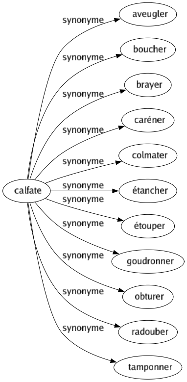 Synonyme de Calfate : Aveugler Boucher Brayer Caréner Colmater Étancher Étouper Goudronner Obturer Radouber Tamponner 