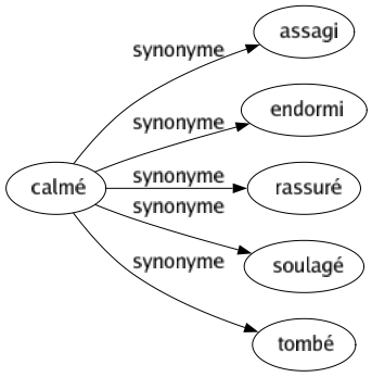 Synonyme de Calmé : Assagi Endormi Rassuré Soulagé Tombé 