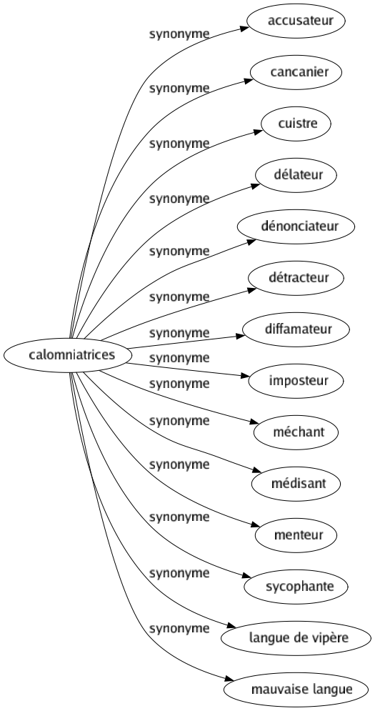 Synonyme de Calomniatrices : Accusateur Cancanier Cuistre Délateur Dénonciateur Détracteur Diffamateur Imposteur Méchant Médisant Menteur Sycophante Langue de vipère Mauvaise langue 