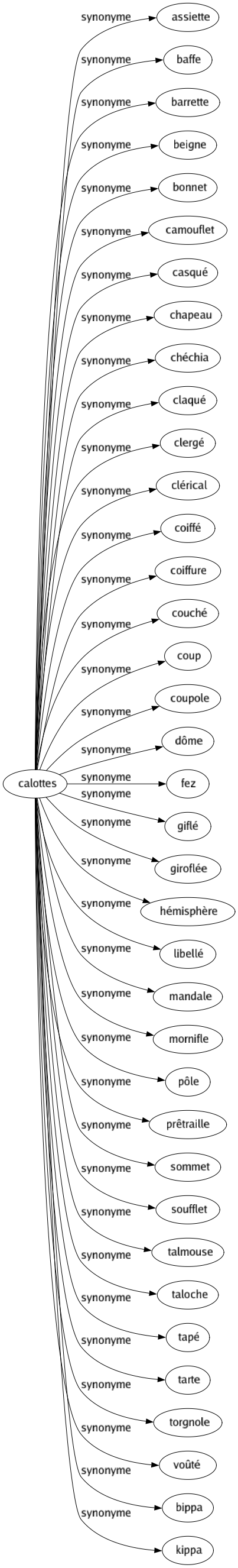 Synonyme de Calottes : Assiette Baffe Barrette Beigne Bonnet Camouflet Casqué Chapeau Chéchia Claqué Clergé Clérical Coiffé Coiffure Couché Coup Coupole Dôme Fez Giflé Giroflée Hémisphère Libellé Mandale Mornifle Pôle Prêtraille Sommet Soufflet Talmouse Taloche Tapé Tarte Torgnole Voûté Bippa Kippa 
