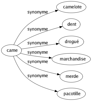 Synonyme de Came : Camelote Dent Drogué Marchandise Merde Pacotille 