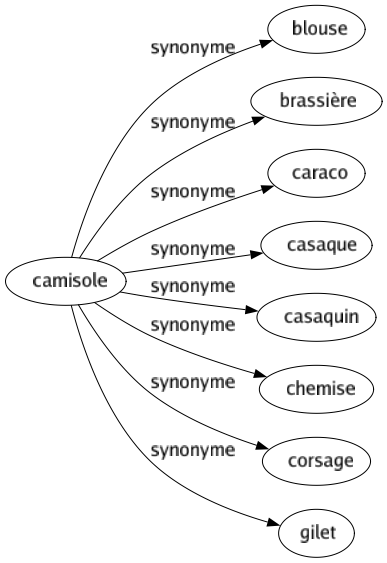 Synonyme de Camisole : Blouse Brassière Caraco Casaque Casaquin Chemise Corsage Gilet 