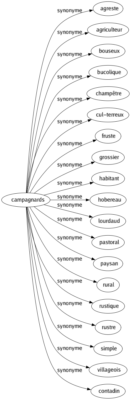 Synonyme de Campagnards : Agreste Agriculteur Bouseux Bucolique Champêtre Cul-terreux Fruste Grossier Habitant Hobereau Lourdaud Pastoral Paysan Rural Rustique Rustre Simple Villageois Contadin 