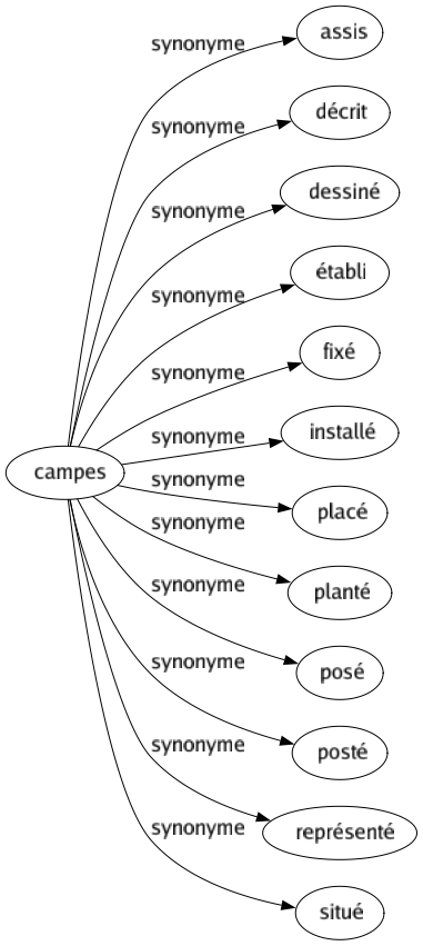 Synonyme de Campes : Assis Décrit Dessiné Établi Fixé Installé Placé Planté Posé Posté Représenté Situé 