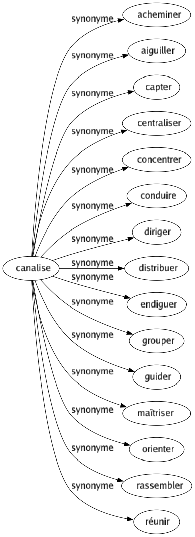 Synonyme de Canalise : Acheminer Aiguiller Capter Centraliser Concentrer Conduire Diriger Distribuer Endiguer Grouper Guider Maîtriser Orienter Rassembler Réunir 