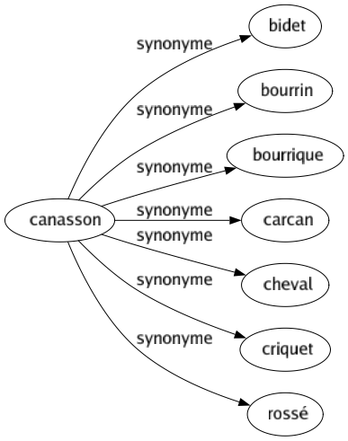 Synonyme de Canasson : Bidet Bourrin Bourrique Carcan Cheval Criquet Rossé 