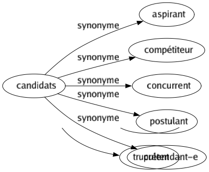 Synonyme de Candidats : Aspirant Compétiteur Concurrent Postulant Prétendant-e 