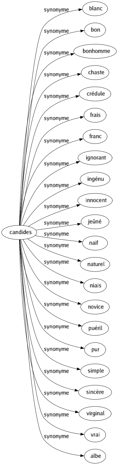 Synonyme de Candides : Blanc Bon Bonhomme Chaste Crédule Frais Franc Ignorant Ingénu Innocent Jeûné Naïf Naturel Niais Novice Puéril Pur Simple Sincère Virginal Vrai Albe 