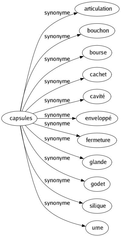 Synonyme de Capsules : Articulation Bouchon Bourse Cachet Cavité Enveloppé Fermeture Glande Godet Silique Urne 
