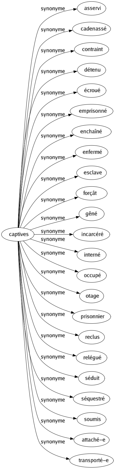 Synonyme de Captives : Asservi Cadenassé Contraint Détenu Écroué Emprisonné Enchaîné Enfermé Esclave Forçât Gêné Incarcéré Interné Occupé Otage Prisonnier Reclus Relégué Séduit Séquestré Soumis Attaché-e Transporté-e 