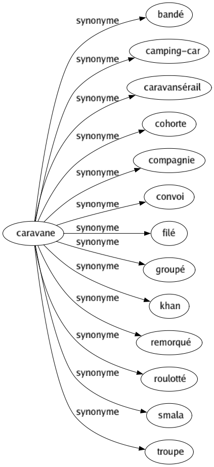 Synonyme de Caravane : Bandé Camping-car Caravansérail Cohorte Compagnie Convoi Filé Groupé Khan Remorqué Roulotté Smala Troupe 