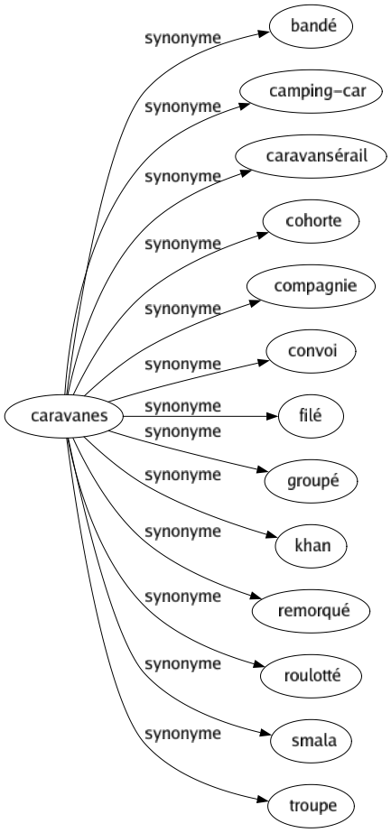 Synonyme de Caravanes : Bandé Camping-car Caravansérail Cohorte Compagnie Convoi Filé Groupé Khan Remorqué Roulotté Smala Troupe 