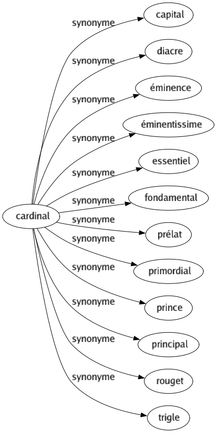 Synonyme de Cardinal : Capital Diacre Éminence Éminentissime Essentiel Fondamental Prélat Primordial Prince Principal Rouget Trigle 