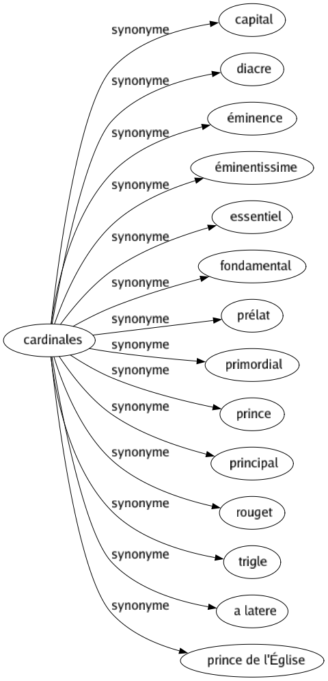 Synonyme de Cardinales : Capital Diacre Éminence Éminentissime Essentiel Fondamental Prélat Primordial Prince Principal Rouget Trigle A latere Prince de l'église 