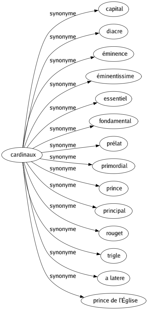 Synonyme de Cardinaux : Capital Diacre Éminence Éminentissime Essentiel Fondamental Prélat Primordial Prince Principal Rouget Trigle A latere Prince de l'église 