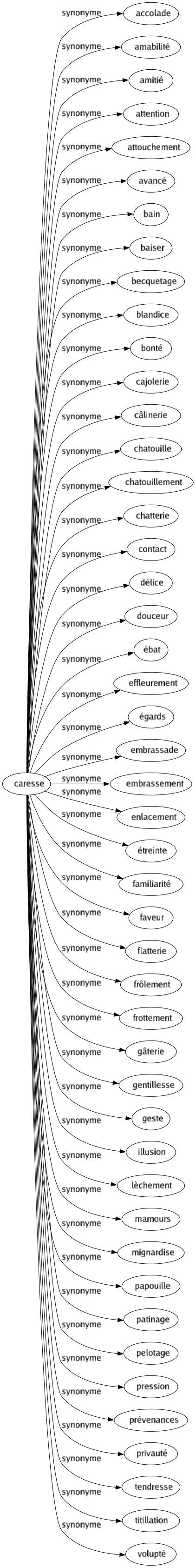 Synonyme de Caresse : Accolade Amabilité Amitié Attention Attouchement Avancé Bain Baiser Becquetage Blandice Bonté Cajolerie Câlinerie Chatouille Chatouillement Chatterie Contact Délice Douceur Ébat Effleurement Égards Embrassade Embrassement Enlacement Étreinte Familiarité Faveur Flatterie Frôlement Frottement Gâterie Gentillesse Geste Illusion Lèchement Mamours Mignardise Papouille Patinage Pelotage Pression Prévenances Privauté Tendresse Titillation Volupté 