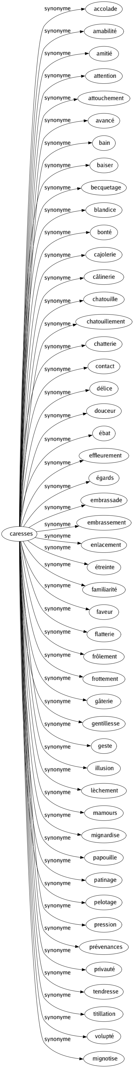 Synonyme de Caresses : Accolade Amabilité Amitié Attention Attouchement Avancé Bain Baiser Becquetage Blandice Bonté Cajolerie Câlinerie Chatouille Chatouillement Chatterie Contact Délice Douceur Ébat Effleurement Égards Embrassade Embrassement Enlacement Étreinte Familiarité Faveur Flatterie Frôlement Frottement Gâterie Gentillesse Geste Illusion Lèchement Mamours Mignardise Papouille Patinage Pelotage Pression Prévenances Privauté Tendresse Titillation Volupté Mignotise 