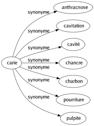 Synonyme de Carie : Anthracnose Cavitation Cavité Chancre Charbon Pourriture Pulpite 