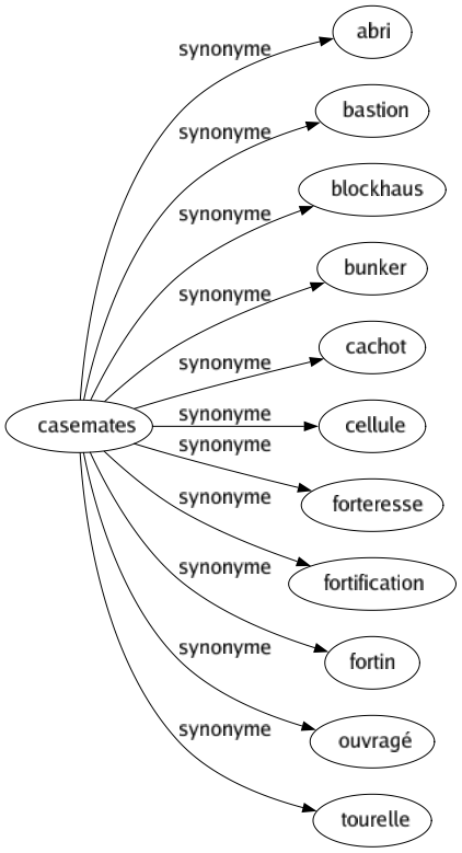 Synonyme de Casemates : Abri Bastion Blockhaus Bunker Cachot Cellule Forteresse Fortification Fortin Ouvragé Tourelle 