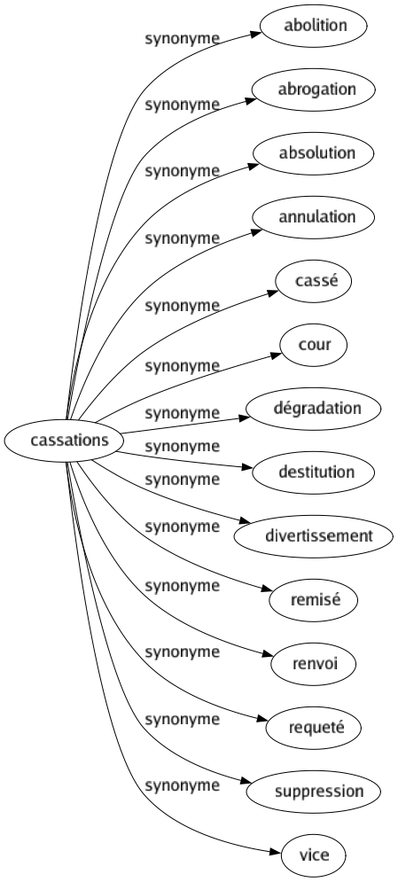 Synonyme de Cassations : Abolition Abrogation Absolution Annulation Cassé Cour Dégradation Destitution Divertissement Remisé Renvoi Requeté Suppression Vice 