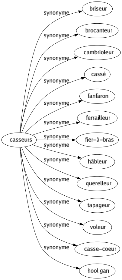 Synonyme de Casseurs : Briseur Brocanteur Cambrioleur Cassé Fanfaron Ferrailleur Fier-à-bras Hâbleur Querelleur Tapageur Voleur Casse-coeur Hooligan 