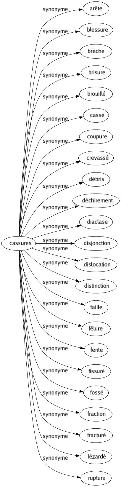 Synonyme de Cassures : Arête Blessure Brèche Brisure Brouillé Cassé Coupure Crevassé Débris Déchirement Diaclase Disjonction Dislocation Distinction Faille Fêlure Fente Fissuré Fossé Fraction Fracturé Lézardé Rupture 