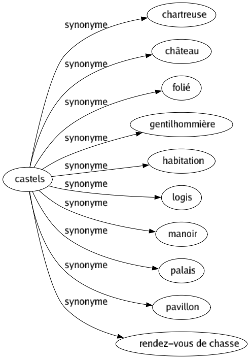 Synonyme de Castels : Chartreuse Château Folié Gentilhommière Habitation Logis Manoir Palais Pavillon Rendez-vous de chasse 