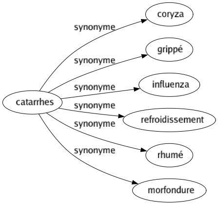 Synonyme de Catarrhes : Coryza Grippé Influenza Refroidissement Rhumé Morfondure 