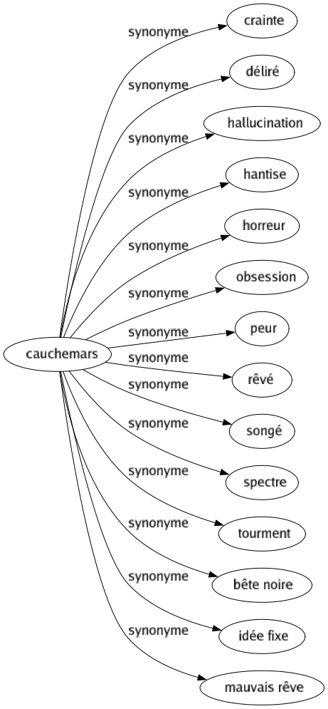 Synonyme de Cauchemars : Crainte Déliré Hallucination Hantise Horreur Obsession Peur Rêvé Songé Spectre Tourment Bête noire Idée fixe Mauvais rêve 