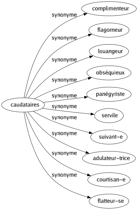 Synonyme de Caudataires : Complimenteur Flagorneur Louangeur Obséquieux Panégyriste Servile Suivant-e Adulateur-trice Courtisan-e Flatteur-se 