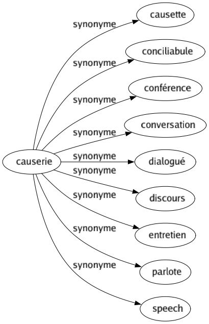 Synonyme de Causerie : Causette Conciliabule Conférence Conversation Dialogué Discours Entretien Parlote Speech 