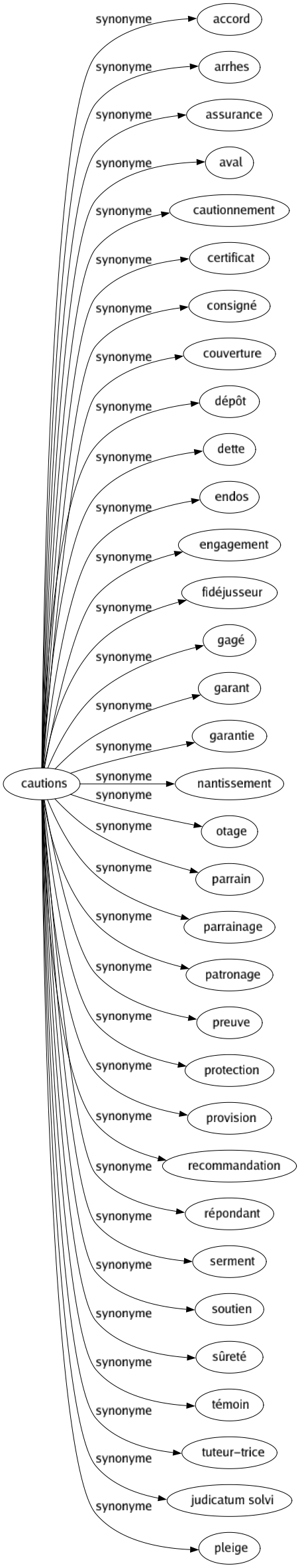 Synonyme de Cautions : Accord Arrhes Assurance Aval Cautionnement Certificat Consigné Couverture Dépôt Dette Endos Engagement Fidéjusseur Gagé Garant Garantie Nantissement Otage Parrain Parrainage Patronage Preuve Protection Provision Recommandation Répondant Serment Soutien Sûreté Témoin Tuteur-trice Judicatum solvi Pleige 