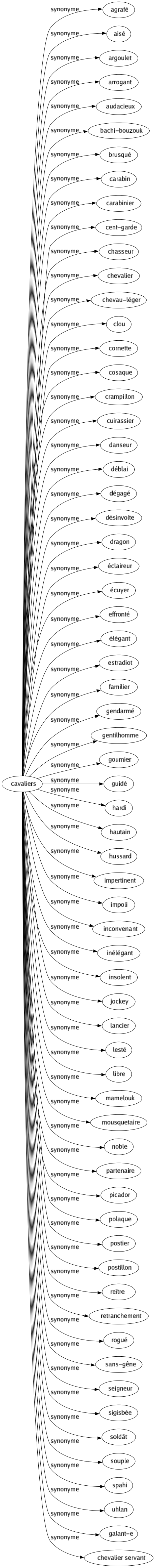 Synonyme de Cavaliers : Agrafé Aisé Argoulet Arrogant Audacieux Bachi-bouzouk Brusqué Carabin Carabinier Cent-garde Chasseur Chevalier Chevau-léger Clou Cornette Cosaque Crampillon Cuirassier Danseur Déblai Dégagé Désinvolte Dragon Éclaireur Écuyer Effronté Élégant Estradiot Familier Gendarmé Gentilhomme Goumier Guidé Hardi Hautain Hussard Impertinent Impoli Inconvenant Inélégant Insolent Jockey Lancier Lesté Libre Mamelouk Mousquetaire Noble Partenaire Picador Polaque Postier Postillon Reître Retranchement Rogué Sans-gêne Seigneur Sigisbée Soldât Souple Spahi Uhlan Galant-e Chevalier servant 