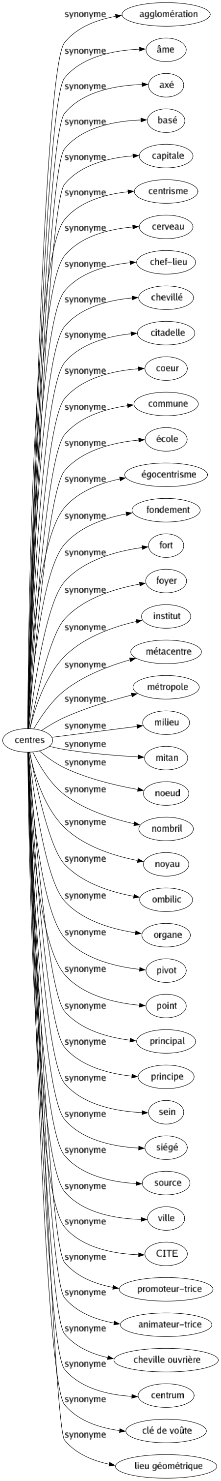 Synonyme de Centres : Agglomération Âme Axé Basé Capitale Centrisme Cerveau Chef-lieu Chevillé Citadelle Coeur Commune École Égocentrisme Fondement Fort Foyer Institut Métacentre Métropole Milieu Mitan Noeud Nombril Noyau Ombilic Organe Pivot Point Principal Principe Sein Siégé Source Ville Cite Promoteur-trice Animateur-trice Cheville ouvrière Centrum Clé de voûte Lieu géométrique 