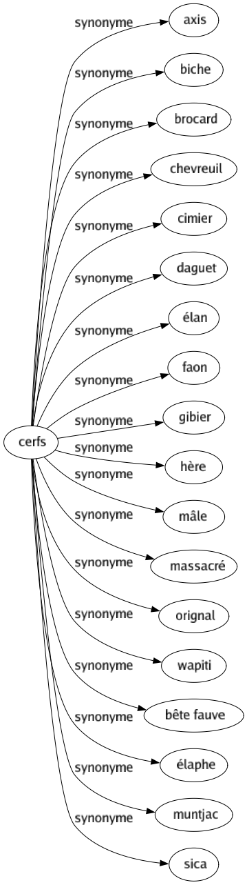 Synonyme de Cerfs : Axis Biche Brocard Chevreuil Cimier Daguet Élan Faon Gibier Hère Mâle Massacré Orignal Wapiti Bête fauve Élaphe Muntjac Sica 