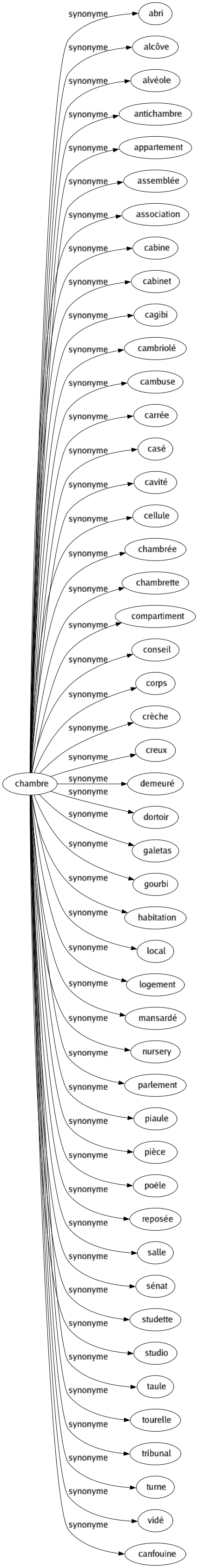 Synonyme de Chambre : Abri Alcôve Alvéole Antichambre Appartement Assemblée Association Cabine Cabinet Cagibi Cambriolé Cambuse Carrée Casé Cavité Cellule Chambrée Chambrette Compartiment Conseil Corps Crèche Creux Demeuré Dortoir Galetas Gourbi Habitation Local Logement Mansardé Nursery Parlement Piaule Pièce Poële Reposée Salle Sénat Studette Studio Taule Tourelle Tribunal Turne Vidé Canfouine 