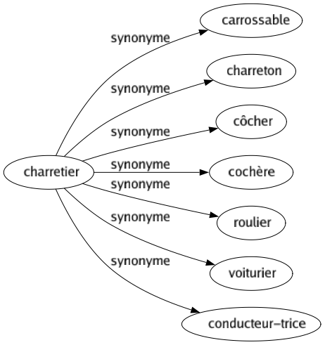 Synonyme de Charretier : Carrossable Charreton Côcher Cochère Roulier Voiturier Conducteur-trice 