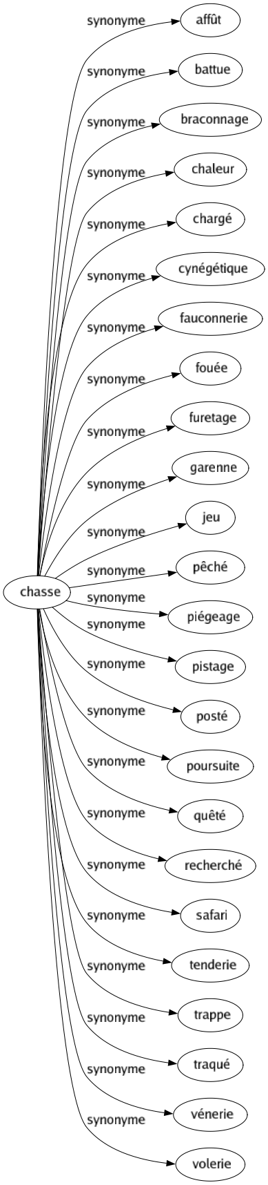 Synonyme de Chasse : Affût Battue Braconnage Chaleur Chargé Cynégétique Fauconnerie Fouée Furetage Garenne Jeu Pêché Piégeage Pistage Posté Poursuite Quêté Recherché Safari Tenderie Trappe Traqué Vénerie Volerie 