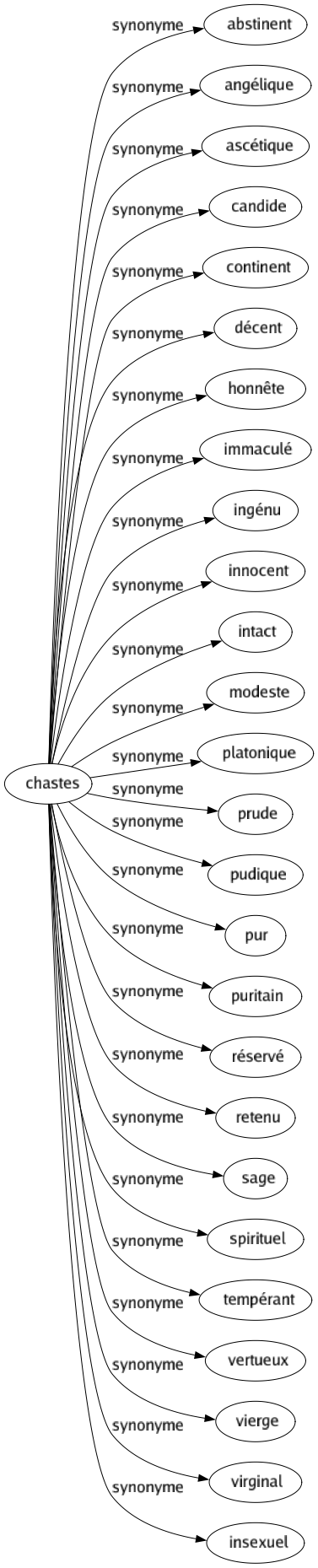 Synonyme de Chastes : Abstinent Angélique Ascétique Candide Continent Décent Honnête Immaculé Ingénu Innocent Intact Modeste Platonique Prude Pudique Pur Puritain Réservé Retenu Sage Spirituel Tempérant Vertueux Vierge Virginal Insexuel 